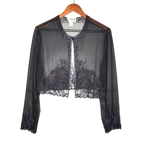 Vintage Tops - Vintage Iridescent Beaded Sheer Black Cardigan